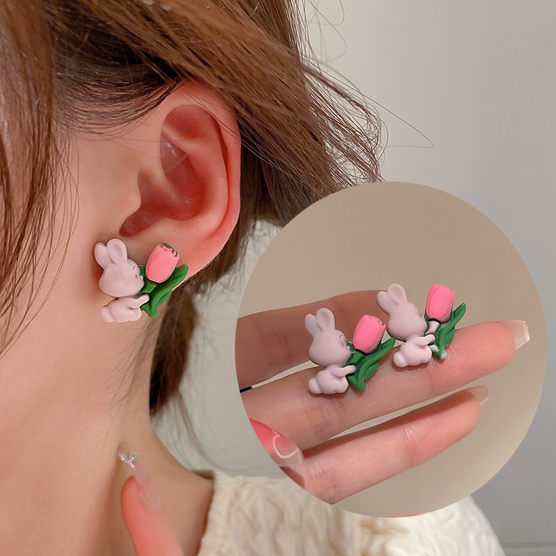 Anting Tusuk Motif Kartun Kelinci Tulip Lucu Ala Jepang / Korea Warna Pink Untuk Wanita