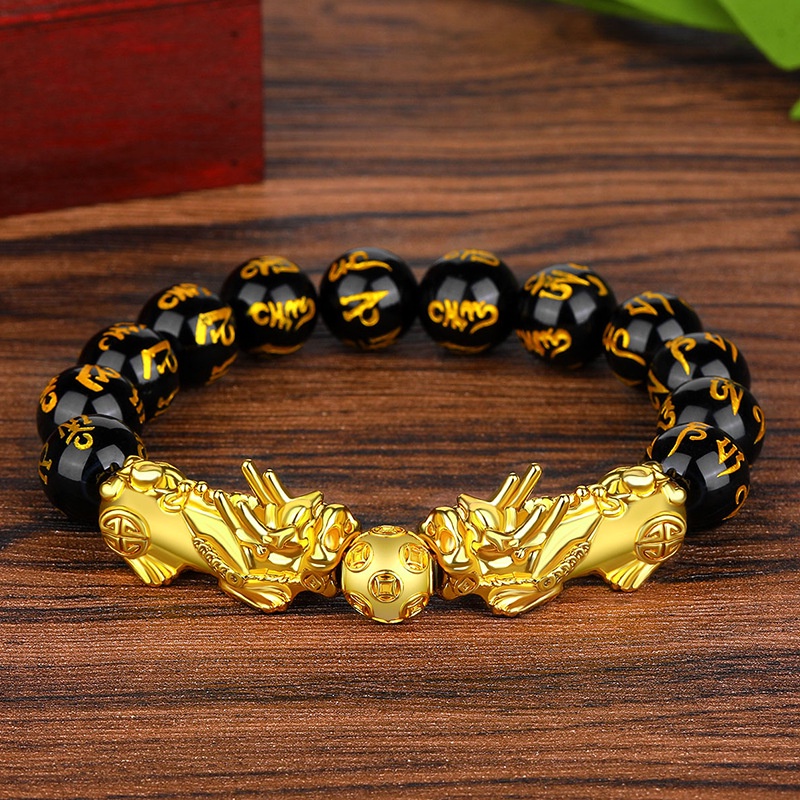 Gelang Pixiu Emas 3D Pria / Gelang manik-manik batu akik Buddha