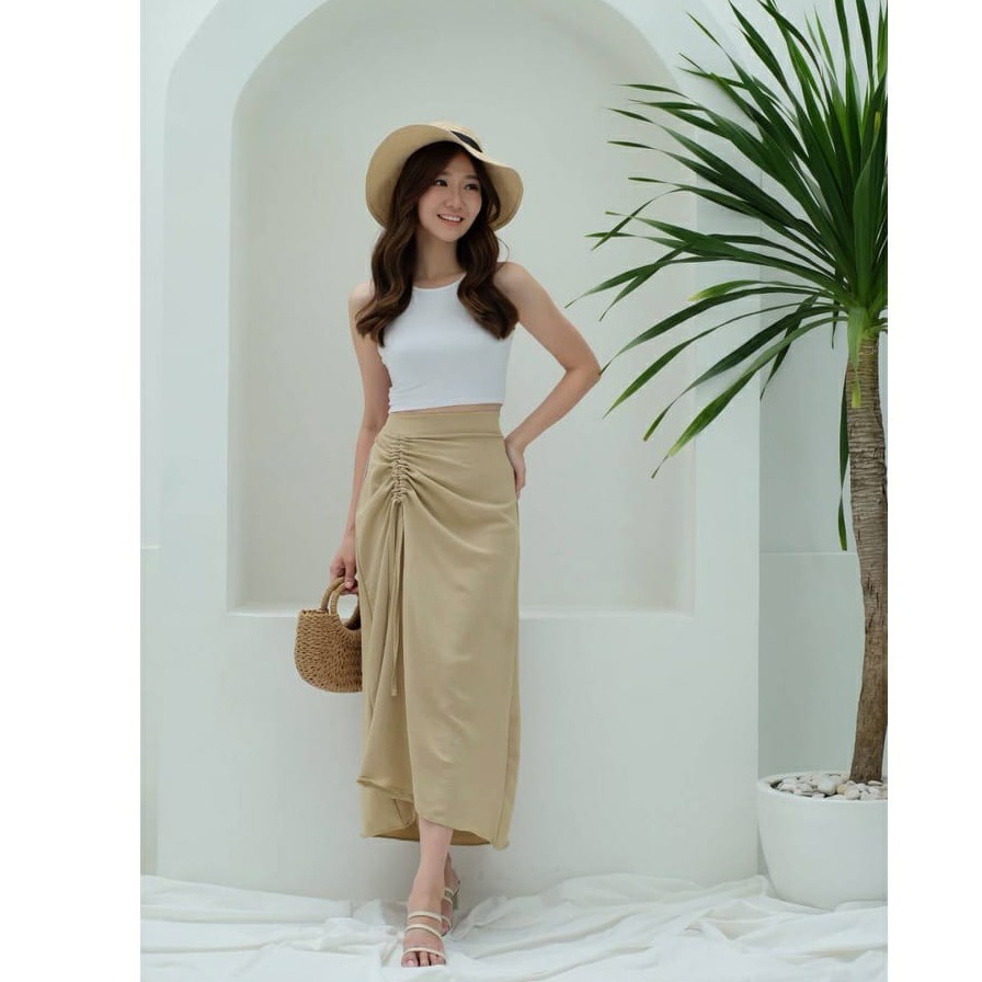 rok serut viral polos basic korean style skirt-krem