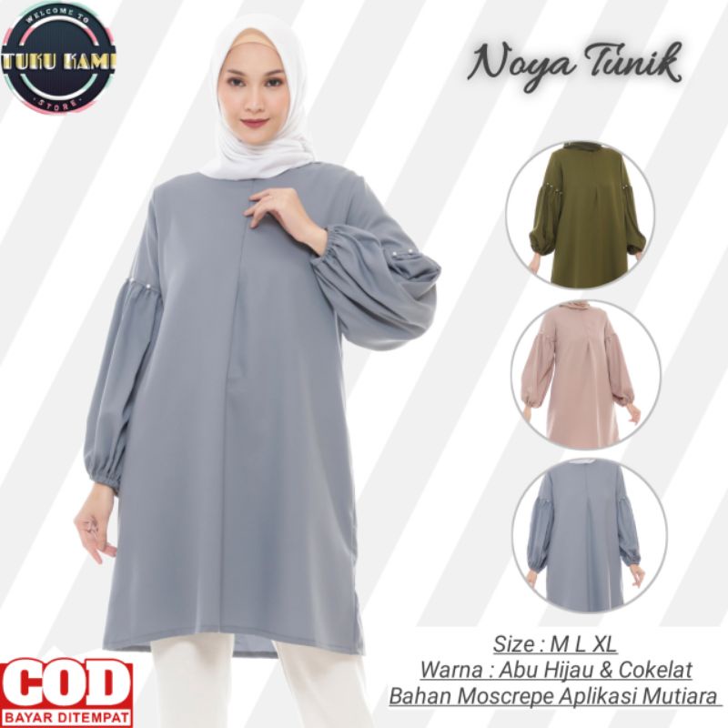 Tunik Atasan Wanita Muslim Lengan Panjang Baju Lengan Balon Mutiara Simpel Kasual Kekinian