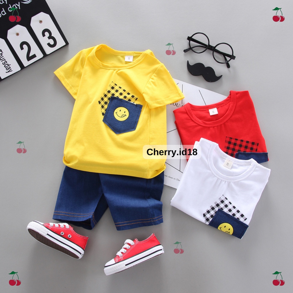 Cherry COD Setelan Abak Laki Laki Smiling / Baju Anak Laki Laki / Pakaian Anak Import SB44