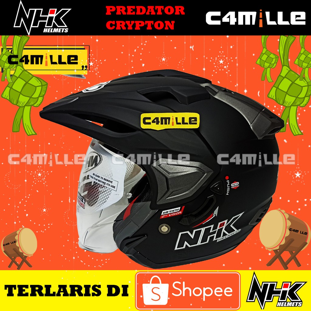 Helm Nhk Predator Crypton Black Dop Dof Double Visor Half Face Shopee Indonesia