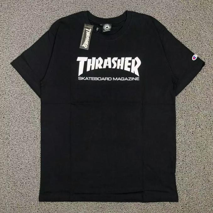 TSHIRT THRASHER X CHAMPION BLACK & WHITE AUTHENTIC PREMIUM