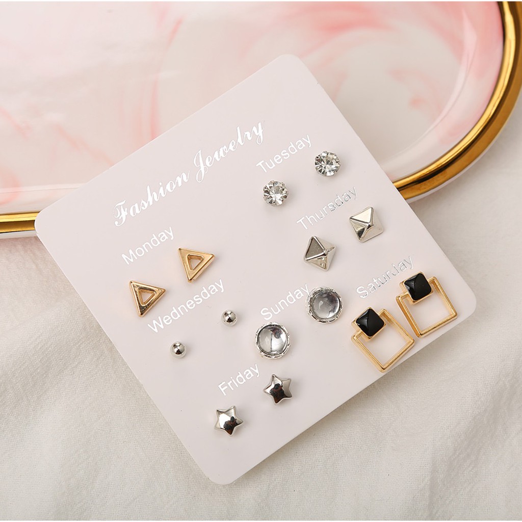 7 Pasang Anting Tindik Tusuk Set #1 1 Satu Minggu Week Ins Korea Fashion Plug Earrings Korean Style