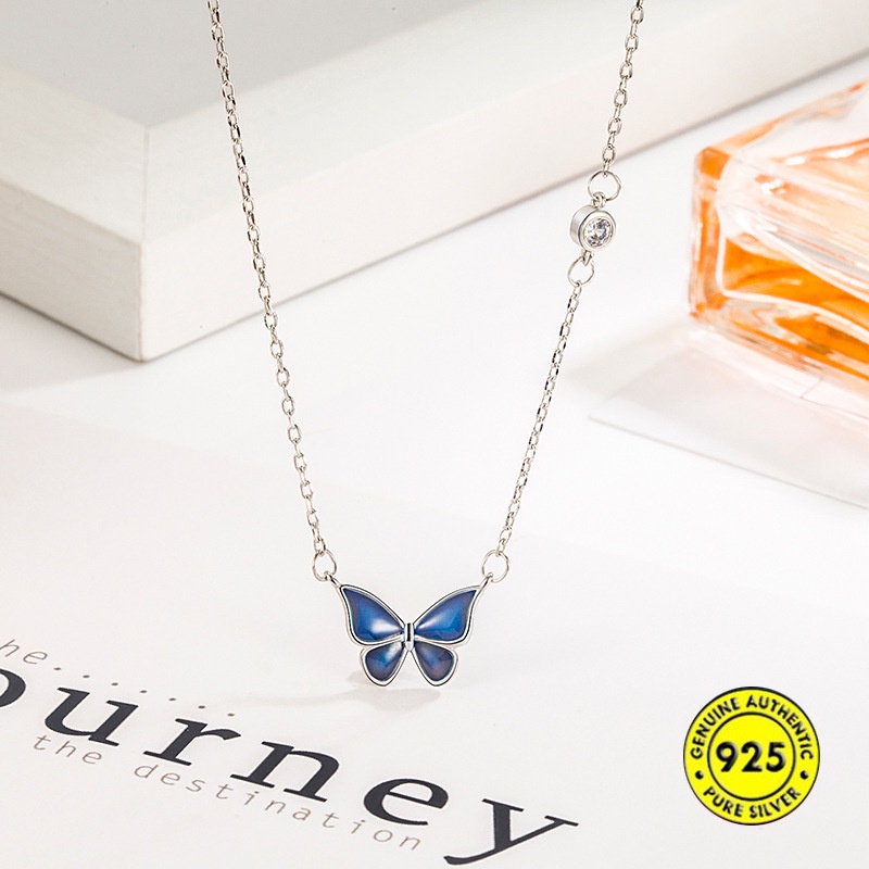 Kalung Desain Kupu-Kupu Bahan S925 Silver Sensitif Suhu Berubah Warna Untuk Wanita Butterfly