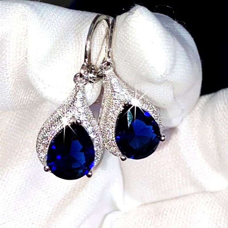 Anting Juntai Cubic Zirconia Bentuk Water Drop Warna Biru Untuk Wanita