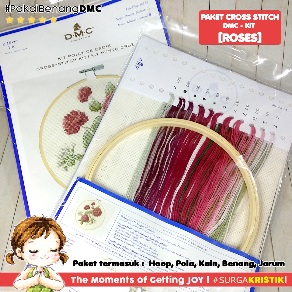 Paket DIY Craft Sulam Kristik Strimin DMC BK1935 - Roses Bunga Mawar