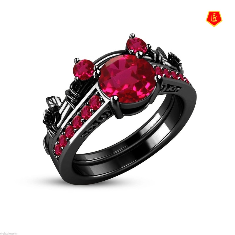 [Ready Stock]Creative Inlaid Color Moissanite Black Gold Rose Ring