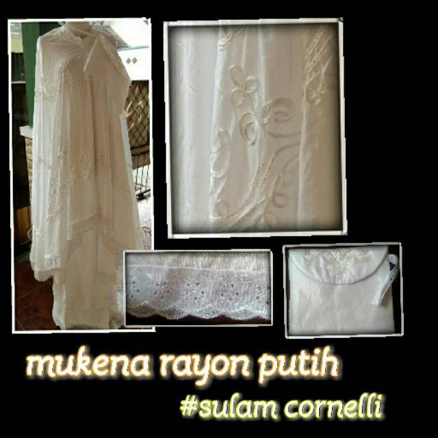 Mukena sulam corneli atas bawah bahan rayon putih polos variasi renda