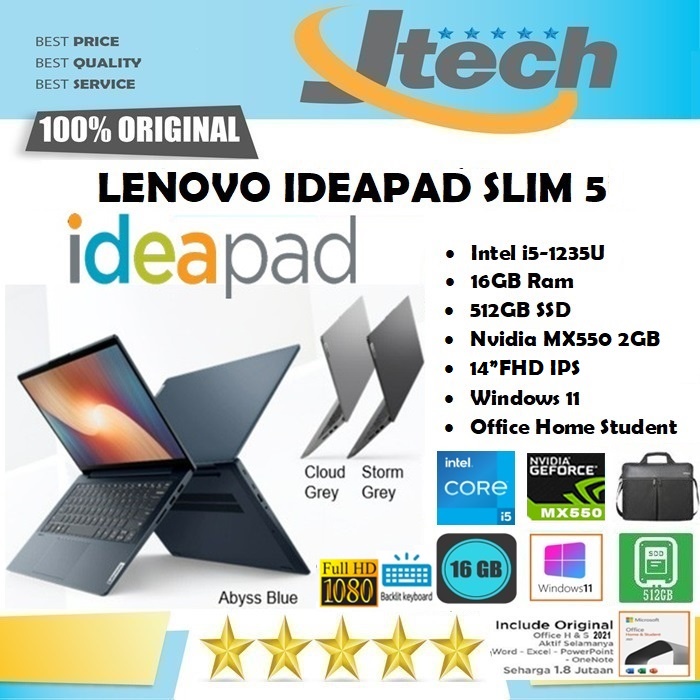 LENOVO IDEAPAD SLIM 5i - i5-1235U - 16GB - 512SSD - MX550 2GB - BACKLIT - 14&quot;FHD IPS - W11 - OFFICE HOME STUDENT