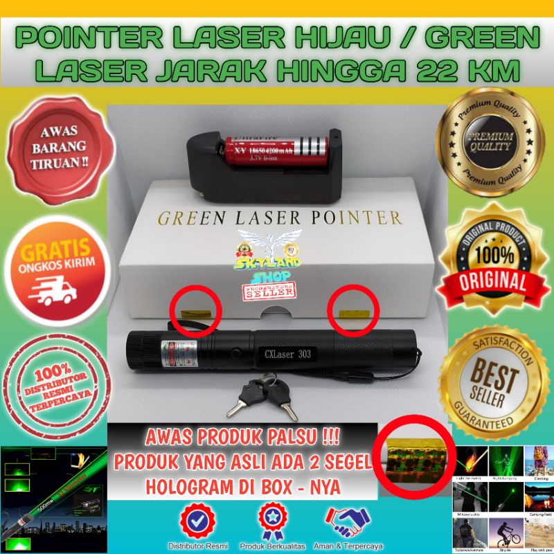 ORI IMPOR - POINTER LASER HIJAU / GREEN LASER JARAK SINAR LASER 22 KM GREEN LASER POINTER 303 HIJAU