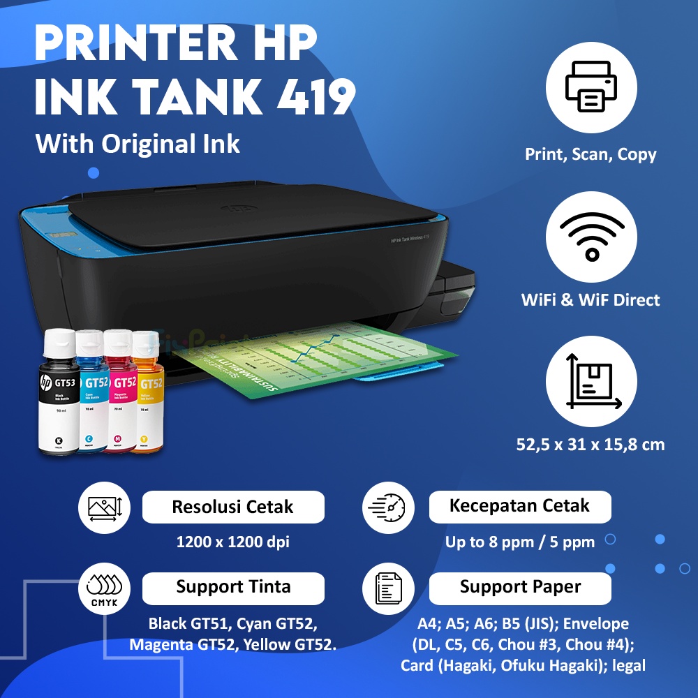 Printer InkTank 419 Wireless All in One Print Scan Copy WiFi