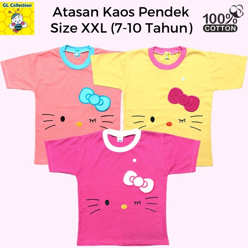 OBRAL! ECER ATASAN KAOS PENDEK ANAK SIZE XXL (7-8TAHUN) BORDIR KITTY