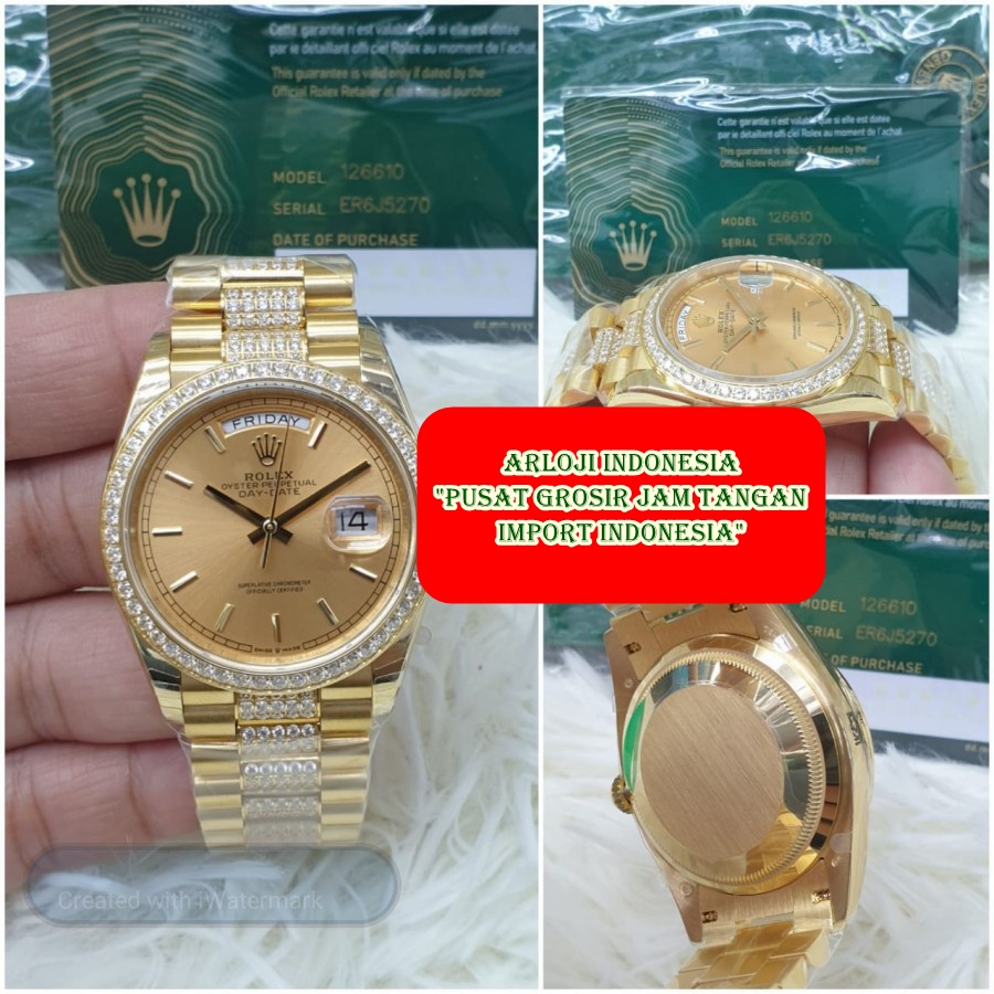 Diskon Jam Tangan Wanita ROLEX DayDate 36mm Diamond Gold SWISS ETA 1:1 Garansi 1th