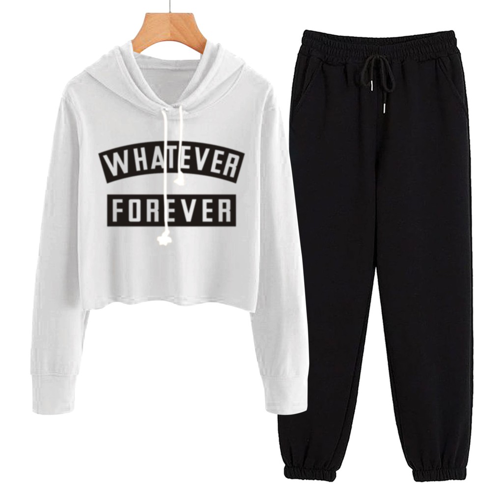 BESS - Baju Setelan Wanita Murah / Setelan Hoodie Crop + Jogger Hitam - WHATEVER FOREVER