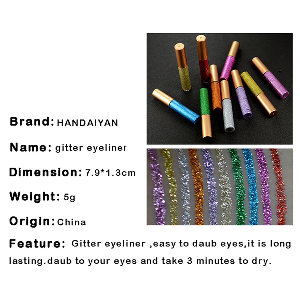 【Baru】HANDAIYAN 10 Colors Liquid Glitter Eyeliner, Metallic Shimmer Glitter Eyeshadow, Long Lasting Waterproof Sparkling Eyeliner Eye Shadow