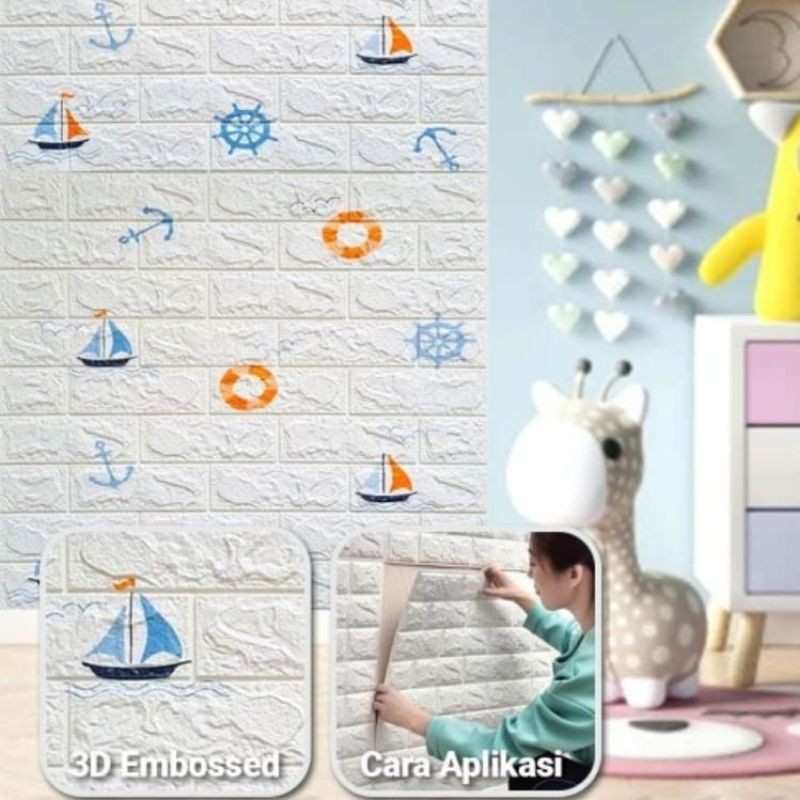 wallpaper foam sticker premium 3D permukaan timbul motif sailboat biru