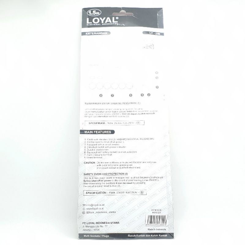 LY-256 Loyal Kualitas Premium Stop Kontak Arde 6 Lubang + (6+1) Saklar + 1,5 Mtr (Untuk Watt Besar) / Colokan