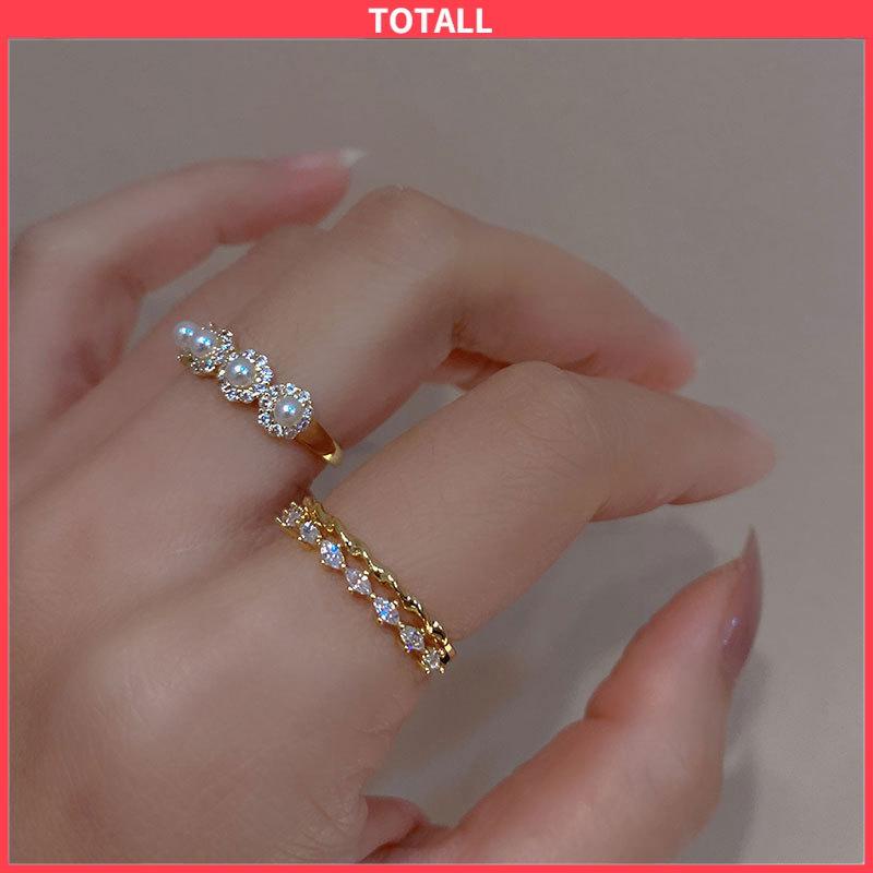 COD Double-layer Retro Pearl Diamond Ring Niche Light Desain Mewah Cincin Dapat Disesuaikan Terbuka-Totall