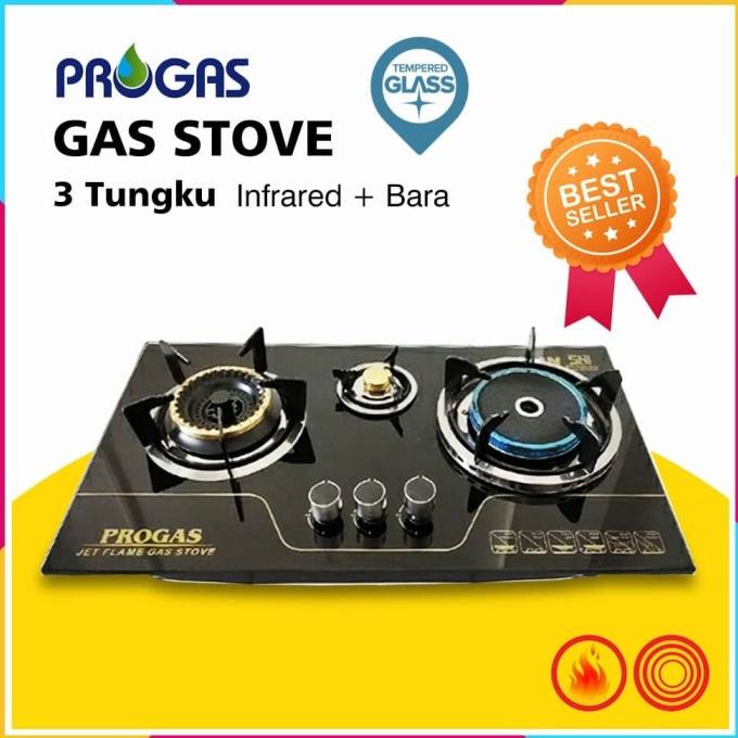 Kompor Gas Tanam Infrared + Gas PROGAS 3 Tungku - Tempered Glass