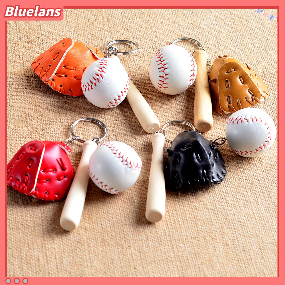 Set Gantungan Kunci Bentuk Tongkat Baseball + Sarung Tangan Mini Bahan Kulit Imitasi + Kayu