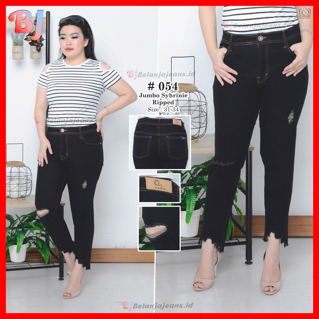 31-34 CELANA RIPPED SOFT JEANS BIG JUMBO SIZE SOBEK LUTUT HITAM LEVIS PENSIL ROBEK STRETCH RAWIS 054