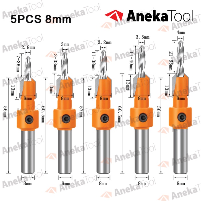 Mata Bor Kayu Pelubang Drat Baut Bit Router 8 mm 5 PCS HSS Countersink