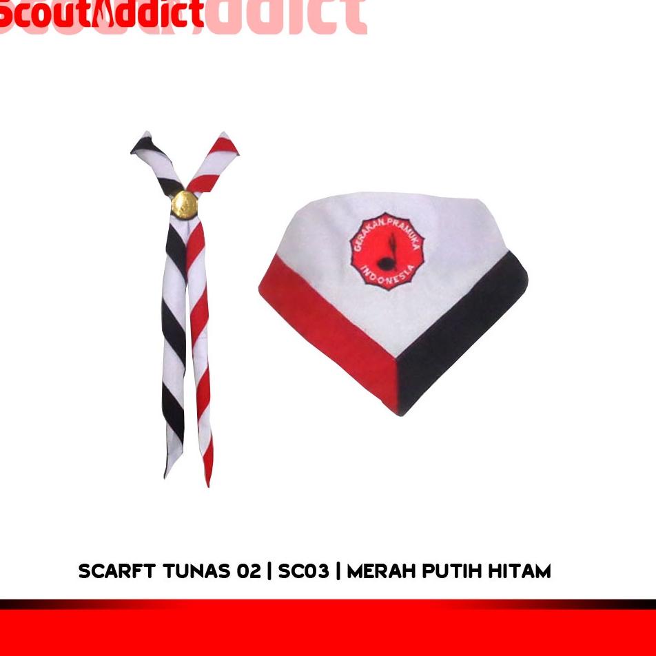 ⇩ Scarf Pramuka Tunas (Merah Putih Hitam) Kode SC03 ⌆