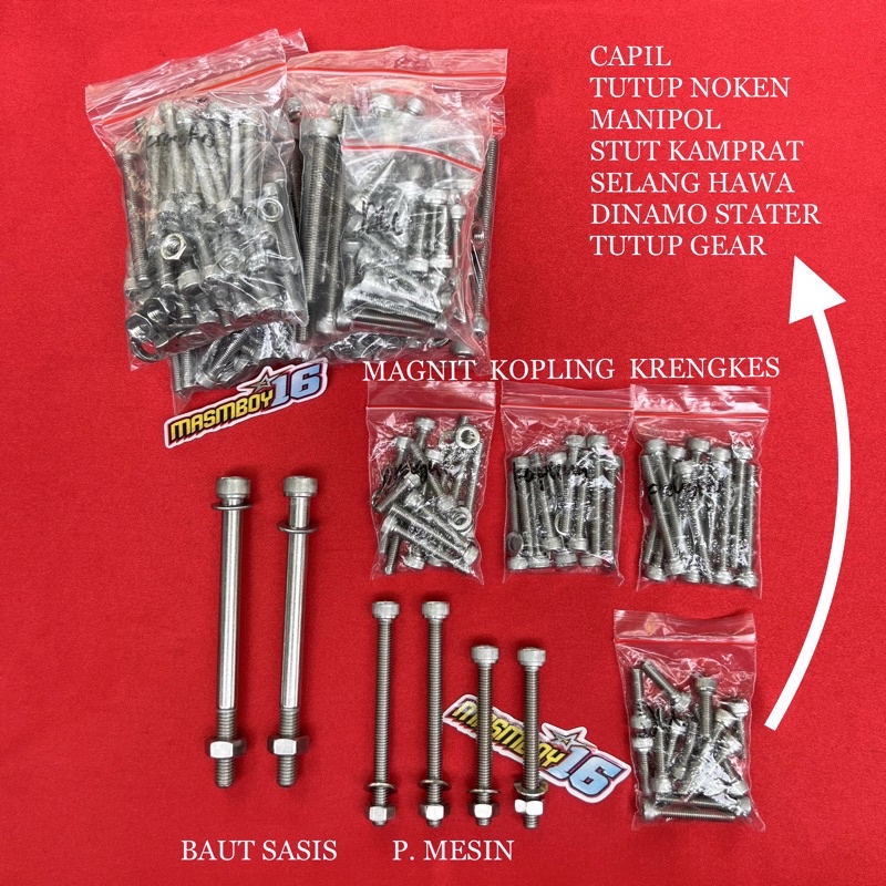 Baut Mesin L Stainless THE Full set CB GL Megapro Tiger