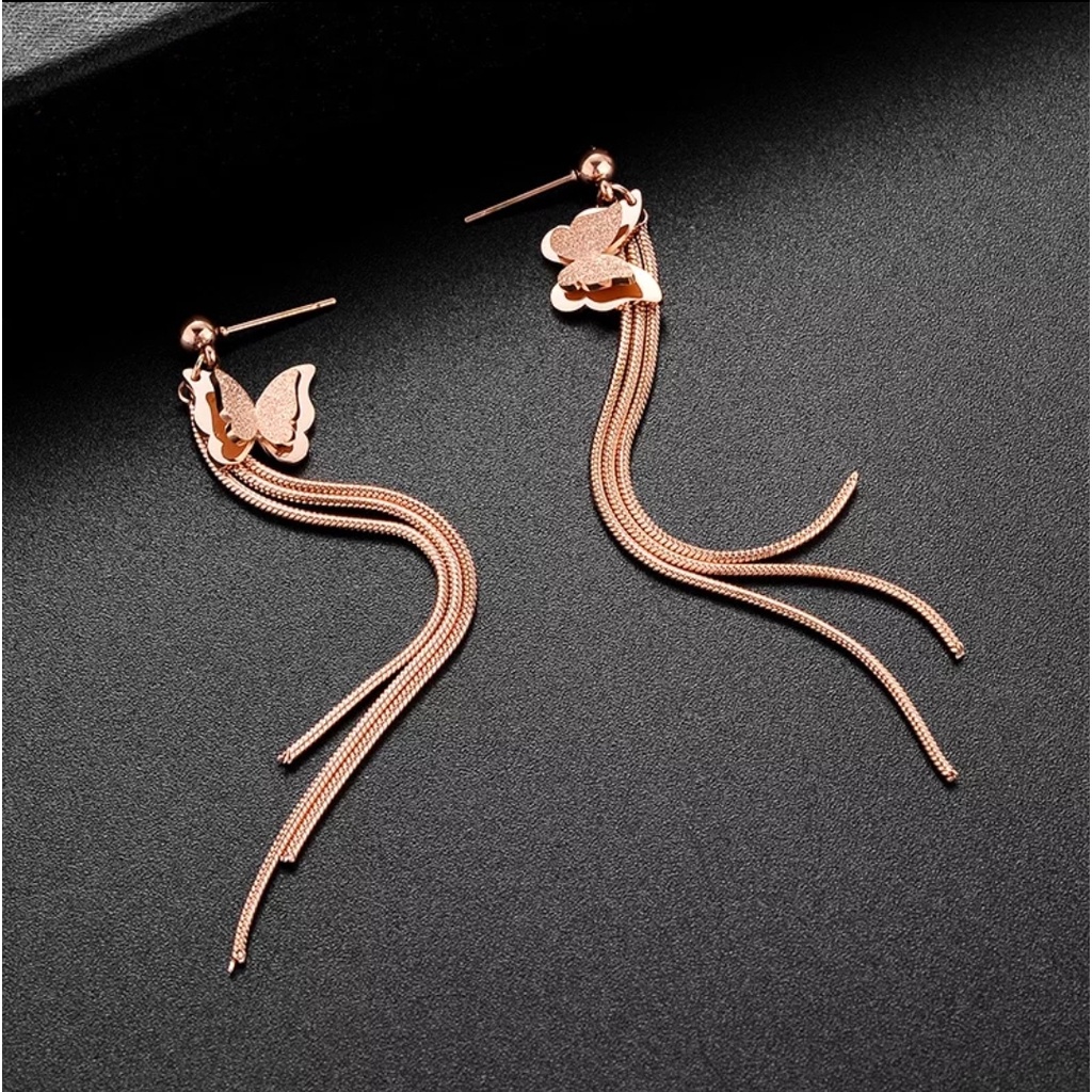 Anting Titanium Jurai Kupu - Kupu Dengan Pentul Warna Rose Gold dan Gold