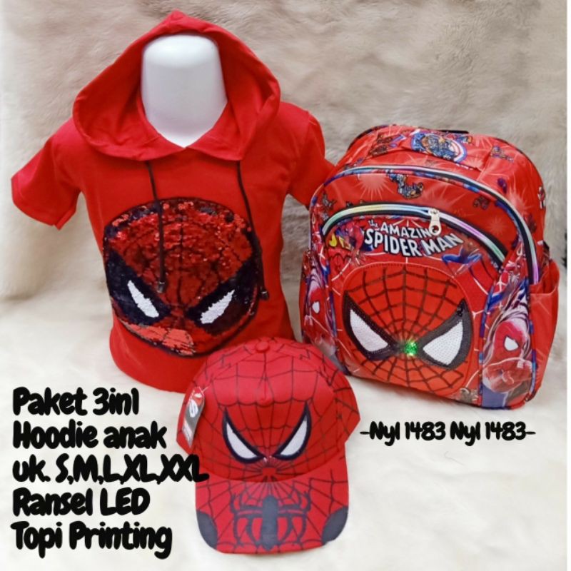 Pakaian Anak Laki Laki Sp1d3rman Paket 3in1 Baju H00d1e Tas dan Topi