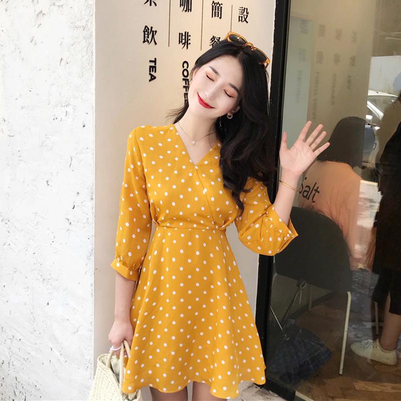 Korean chic loose slim short chiffon dress yellow Wave 