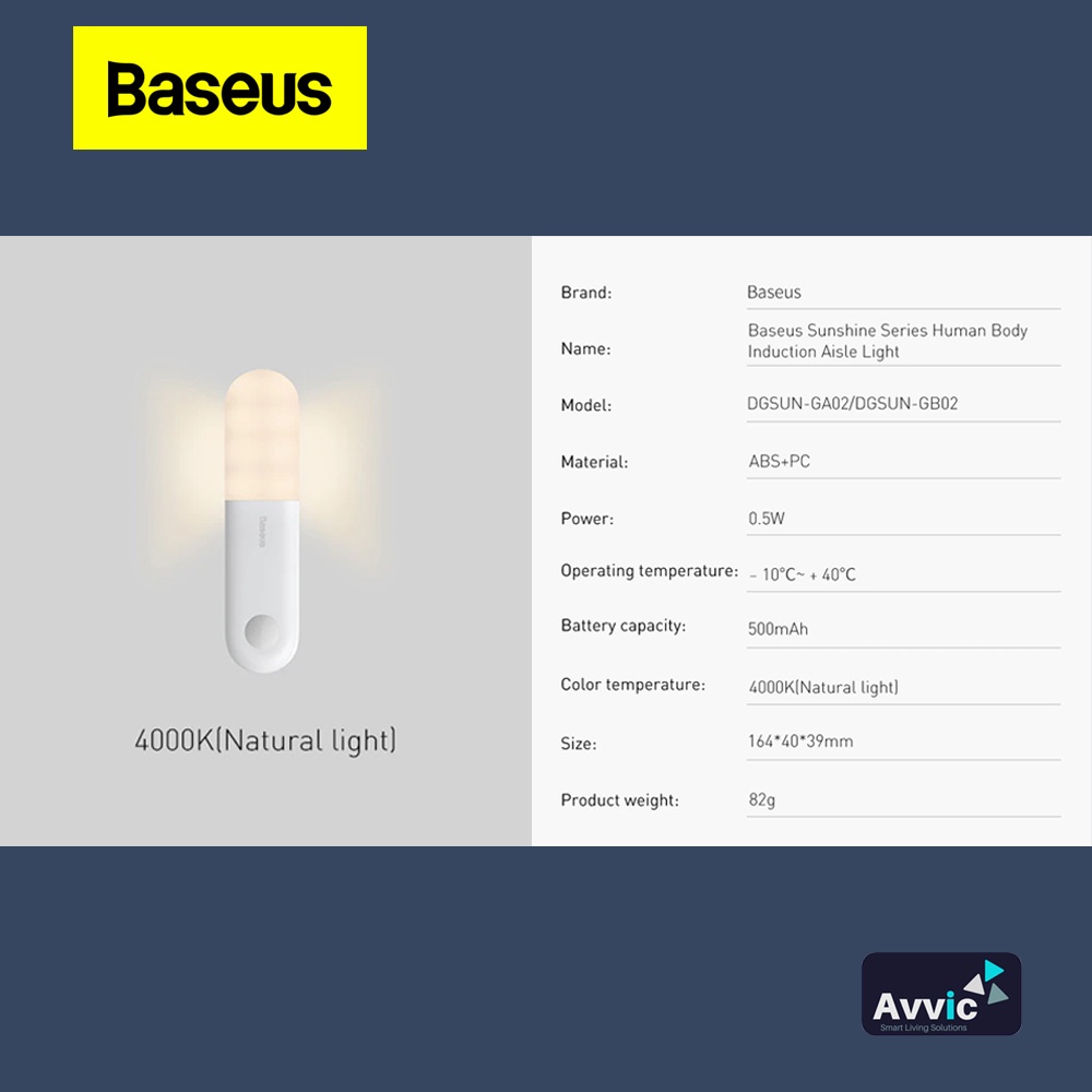 BASEUS Lampu Tidur Darurat Dinding Otomatis Aisle Sunshine Night Light Sensor Human Body