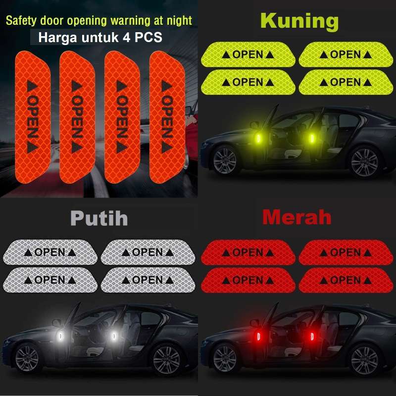TERMURAH STICKER REFLECTOR tulisan OPEN PINTU MOBIL isi &quot; 4 PCS &quot; REFLECTIVE STICKER hijau kuning putih merah READY