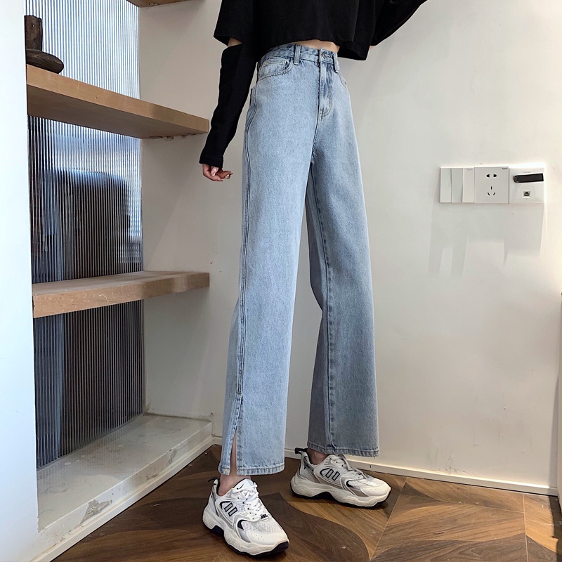 korean style new perpecahan biru high waist kekinian kulot longgar celana jeans panjang wanita