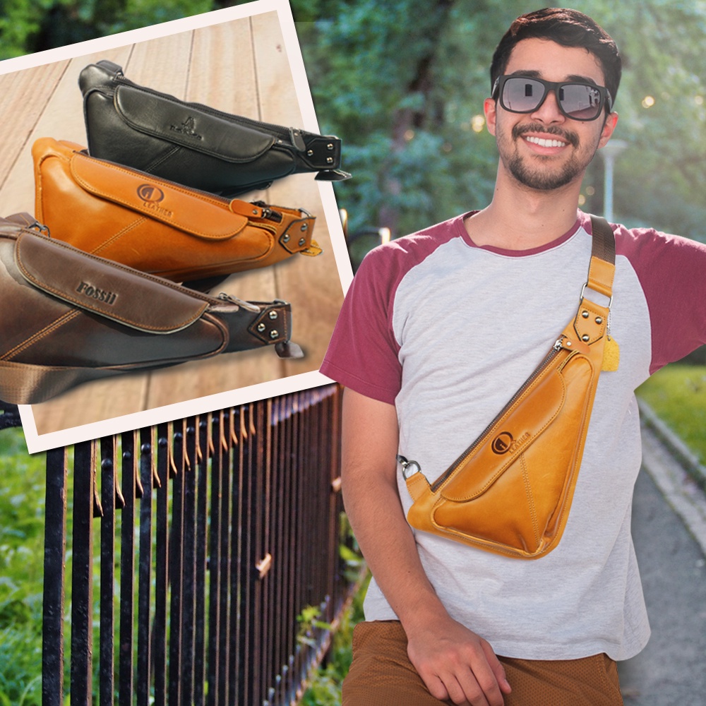 Tas Selempang Pria Kulit Asli Sling Bag Cowok Tas Slempang Kulit Sapi Waist Bag Waistbag Multifungsi