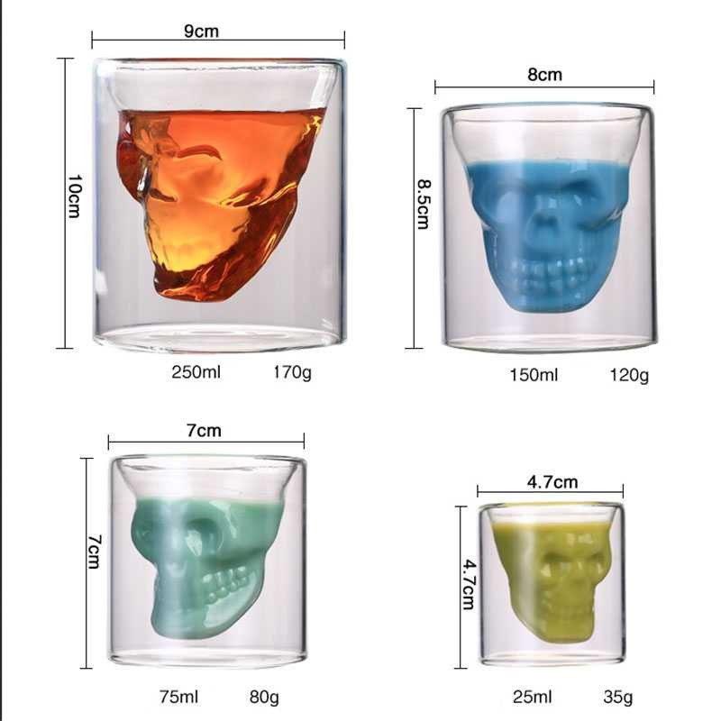 Gelas Mug Cangkir Wine Whiskey Double Wall Glass Scull Tengkotak 150ml