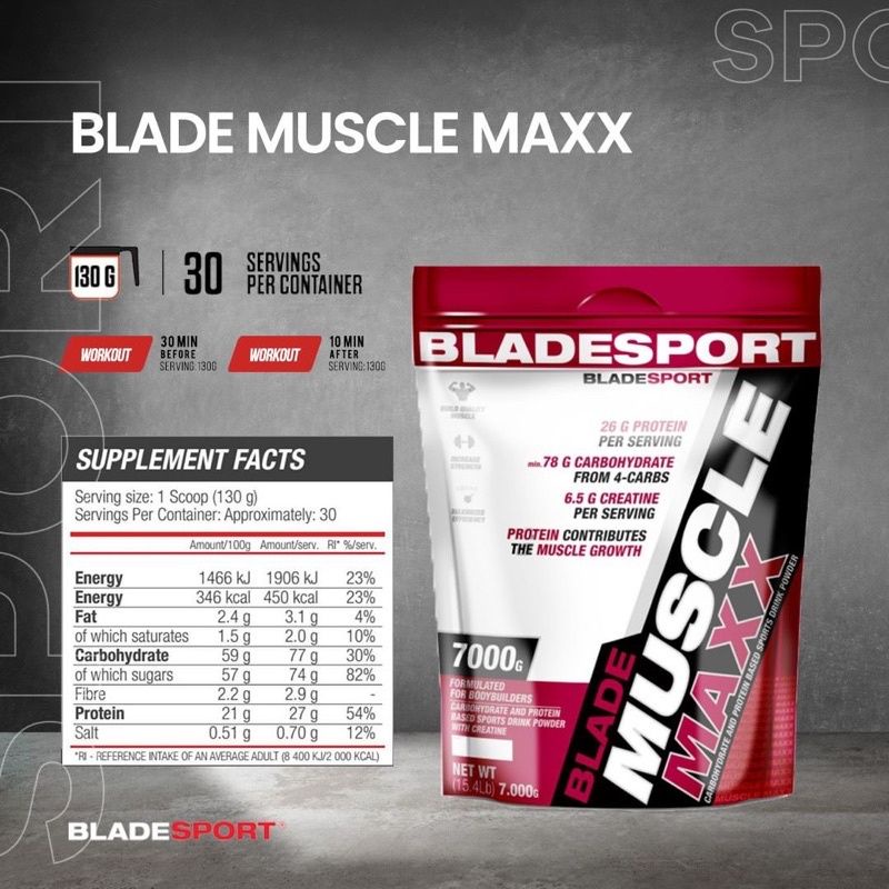 Blade sport Blade Muscle Maxx 7000 gram (15 Lbs) Weight Mass Gainer BPOM HALAL weight gainer susu pe