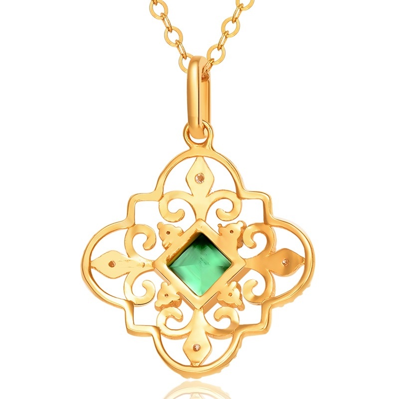 [Ready Stock]Fashion Gold-Plated Diamond Flower Emerald Pendant Necklace