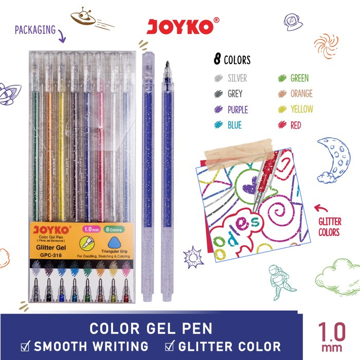 

TERBARU Color Gel Pen Pena Jel Warna Joyko GPC-318 Glitter Gel 8 Warna 1.0 mm