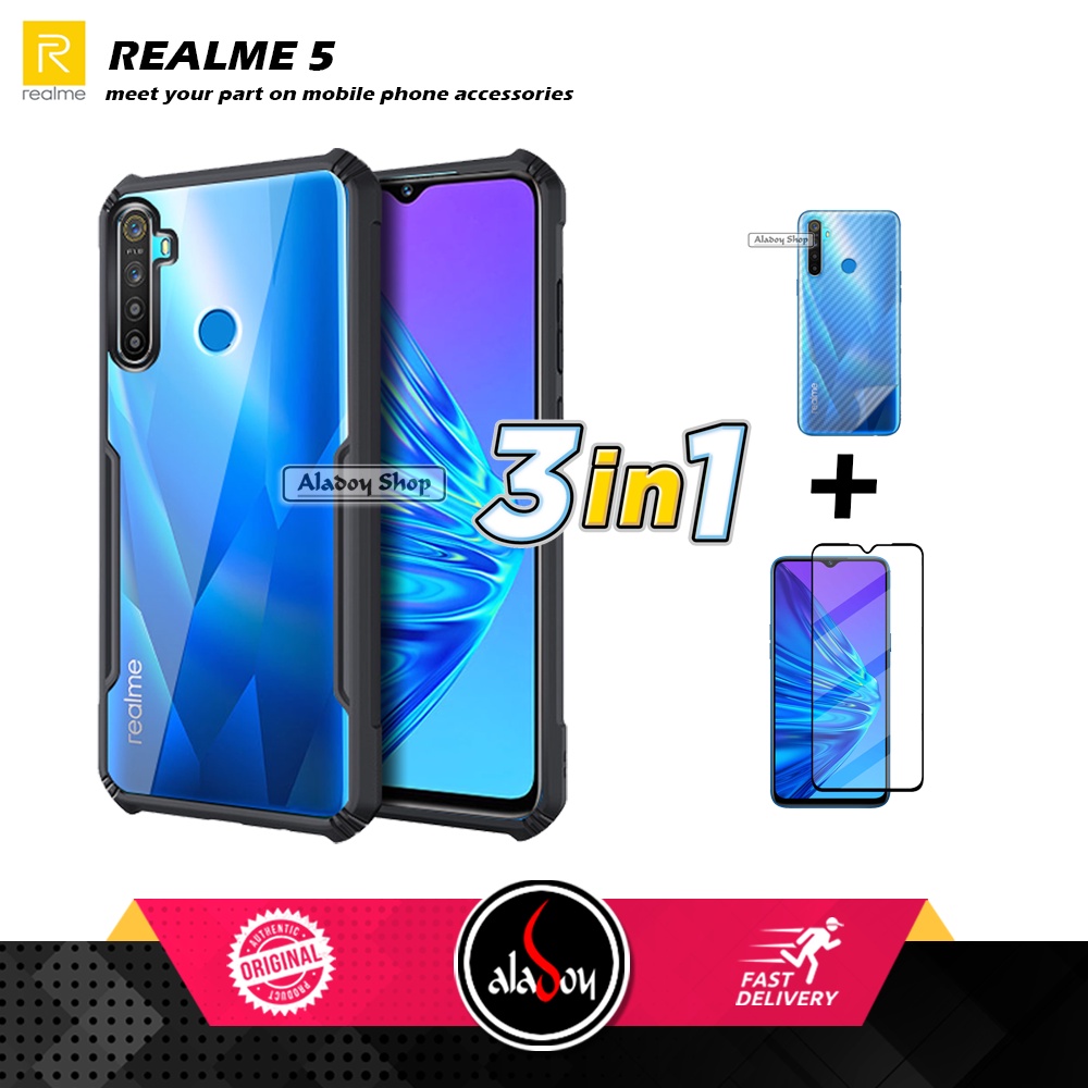 Case REALME 5 Armor Fushion Transparent Casing + Tempered Glass Full Layar dan Skin Carbon