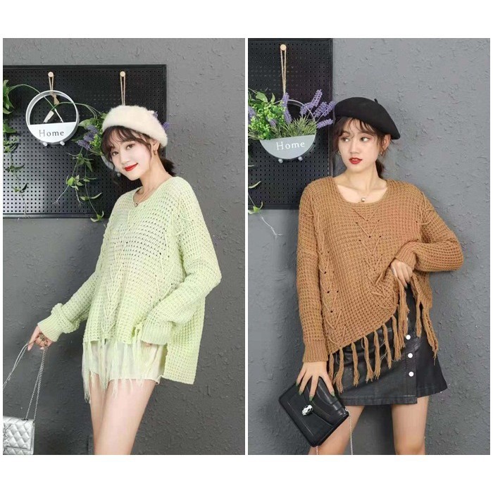 [baju wanita korea]  Knit Sweater Rajut Rumbai Wanita Korea Import Hitam Putih