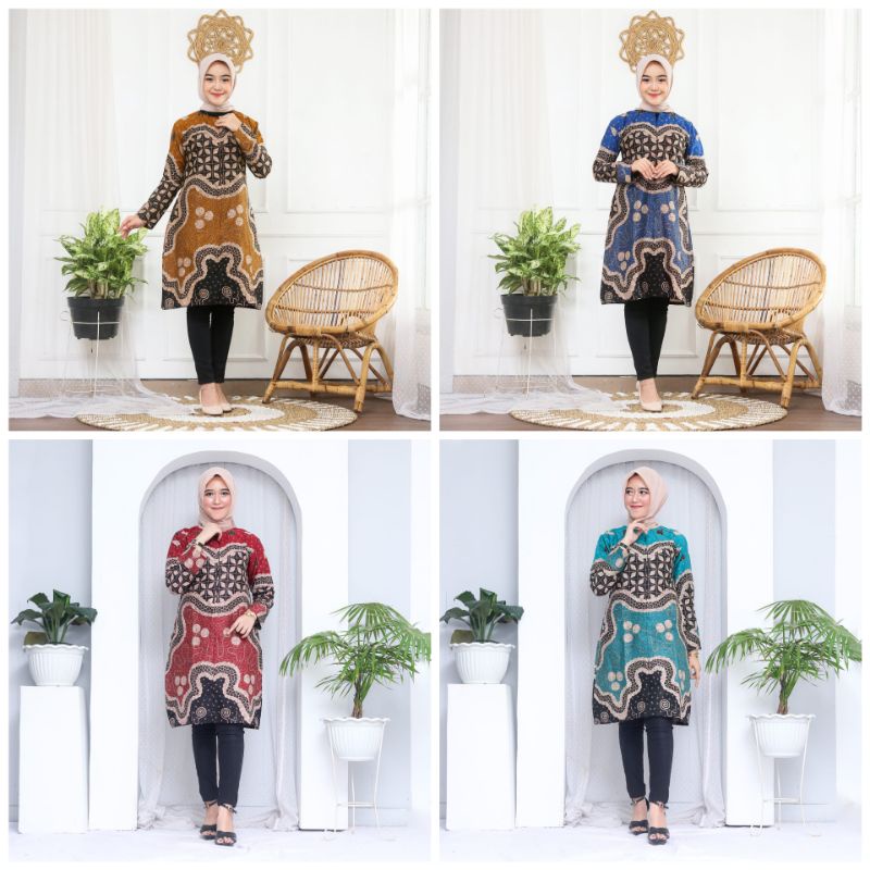 Batik Tunik Wanita Resleting Depan Warna Kuning Merah Biru Dan hijau
