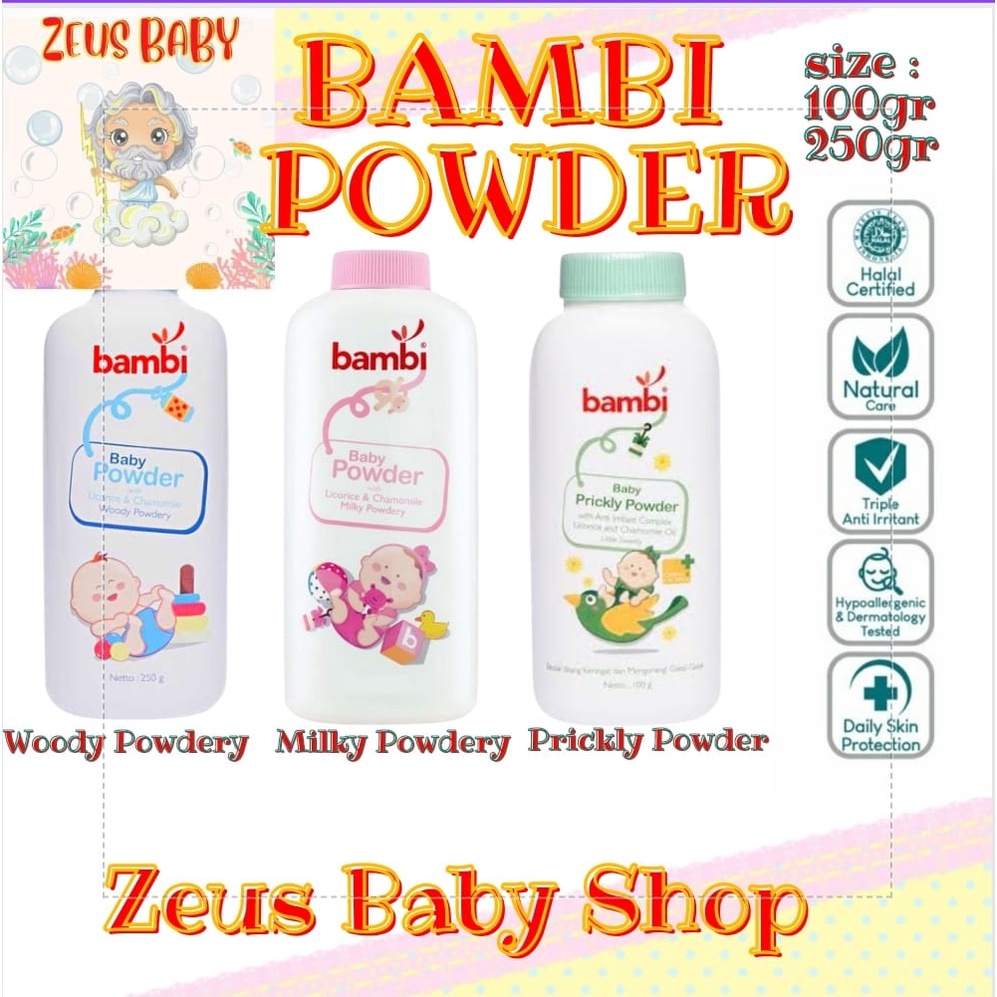 Bambi Baby Powder 250gr 100gr pricky - bedak tabur , milky powdery Zeus