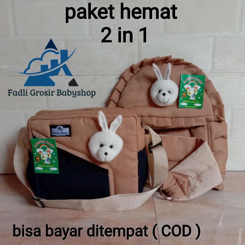 Paket Hemat ( 2 in 1 ) Tas Bayi Elsa Dan Gendongan Bayi Samping Topi Boneka Kelinci