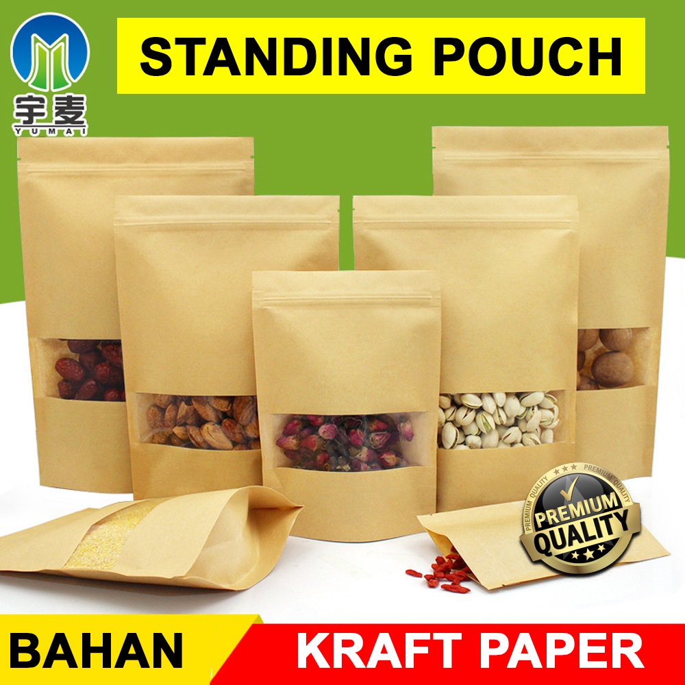 

Standing Pouch Kraft Paper Coklat Window Transparan Plastik Klip Kraft Paper Kemasan Cemilan Makanan Ringan Kopi Teh