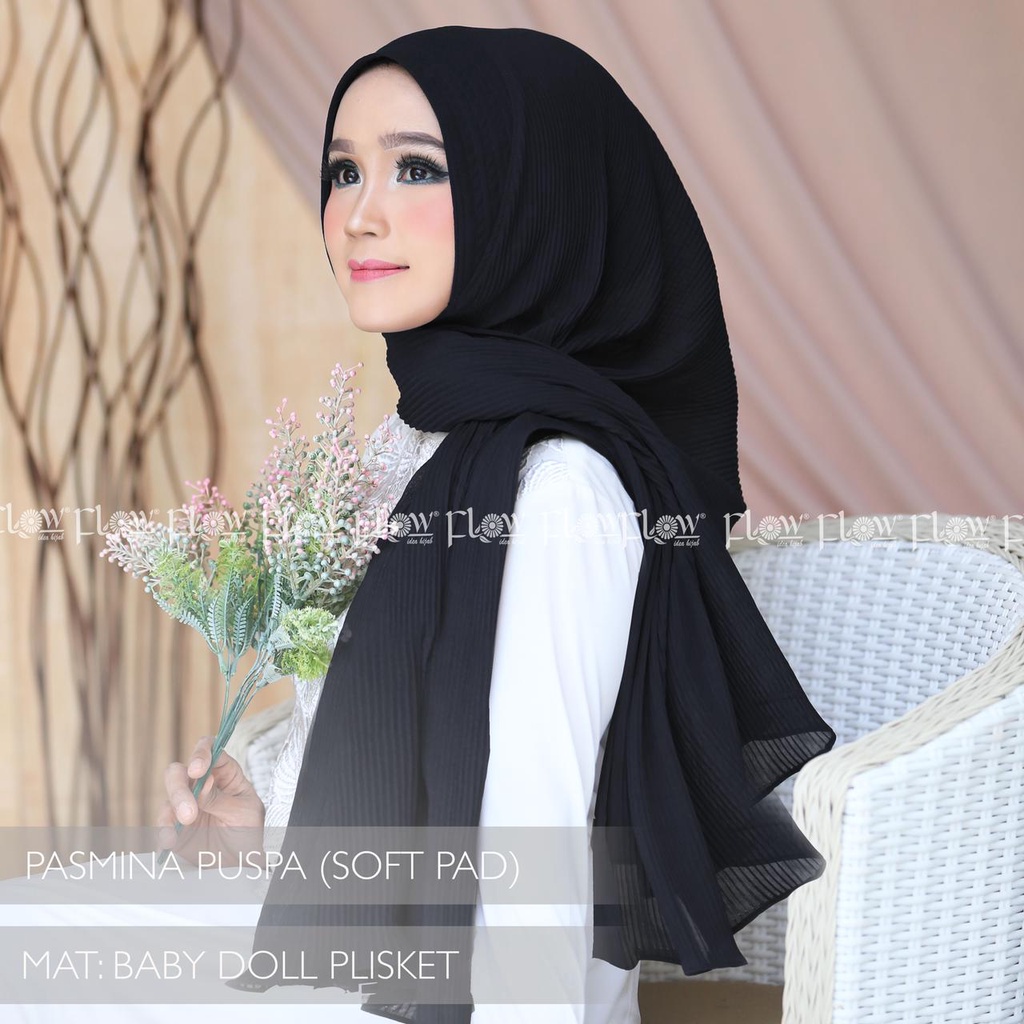 Pashmina Instan Puspa Ori Flow (New Pattern) (Mohon Baca Deskripsi)-HITAM