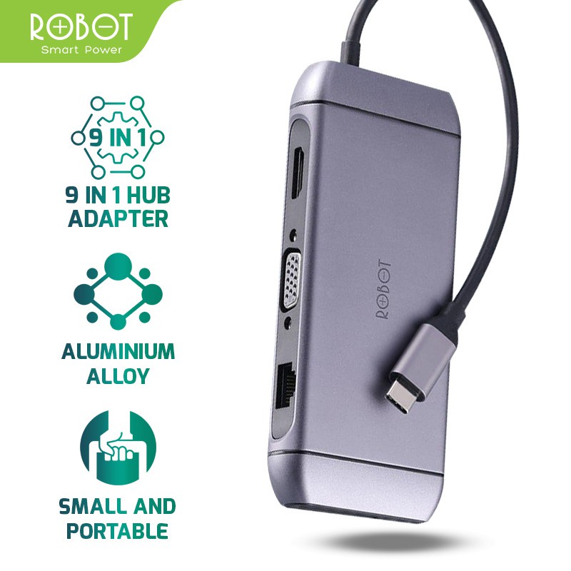 ROBOT HT490 9 in 1 USB C Hub Adapter With RJ45 HDMI 4K VGA 1080P PD 100W USB 3.0 SD/TF Card