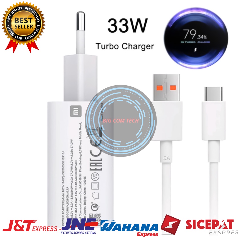 Charger Xiaomi Redmi Note 9 Pro / Note 10 Pro / Note 10S / Poco X3 NFC / Poco F3 / Note 11 / Mi 11 Lite / Mi 10T Pro / Mi 10S / Poco F2 Pro Usb Type-C Mi Turbo Charge 33 Watt Original