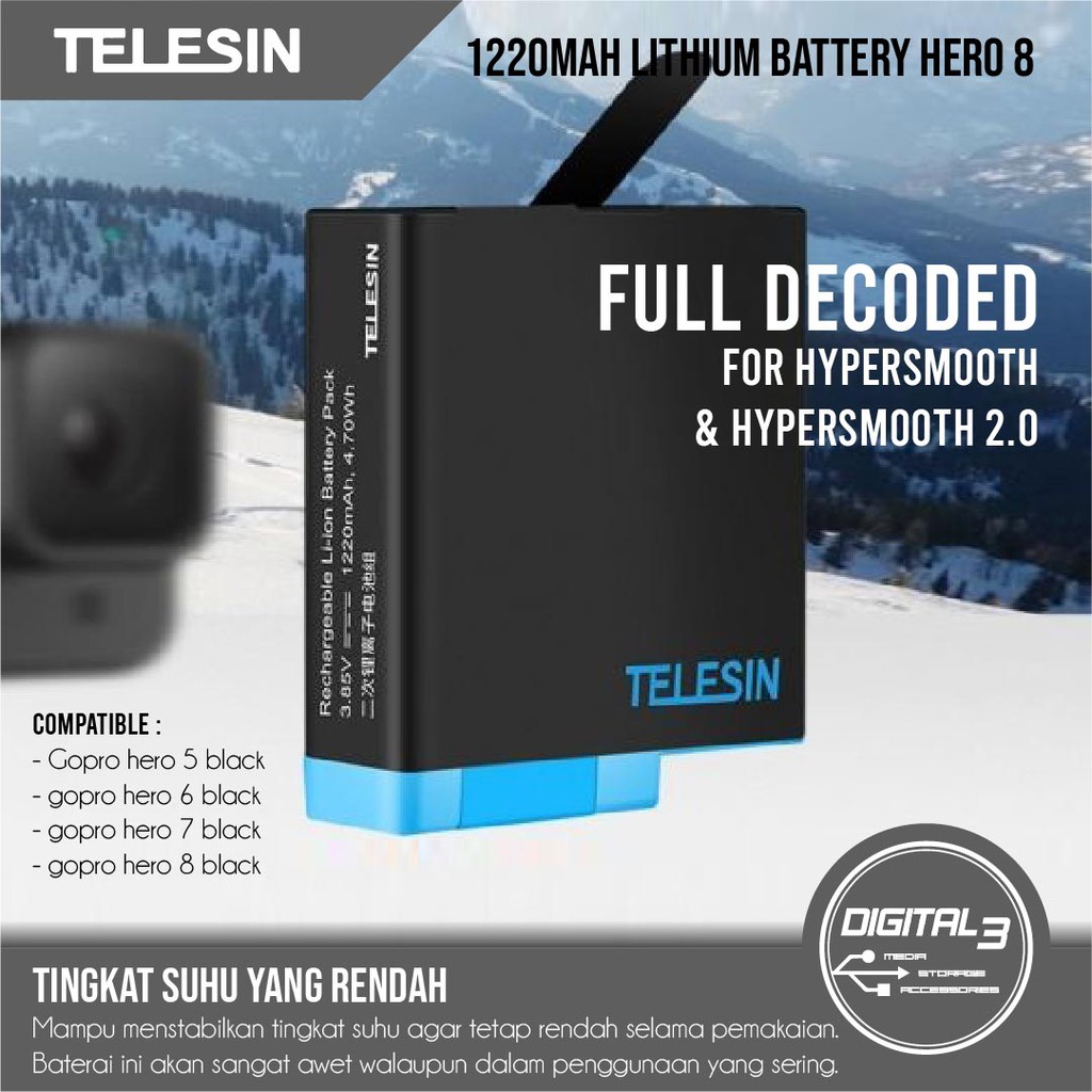 Baterai Gopro Hero 8 7 6 5 Black Telesin Battery Decoded Hero 8 Black 1220mah Shopee Indonesia